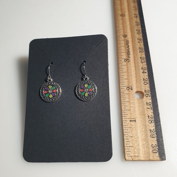 Round Dangle Hook Earrings Floral Design Silver Tone Boho Beach Core Gift Mom - Picture 3 of 5